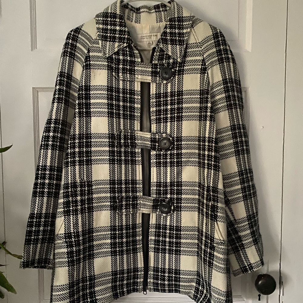 Jones New York Black and Cream Plaid Pea Coat